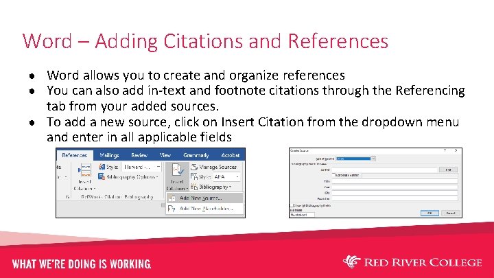 Word – Adding Citations and References ● Word allows you to create and organize