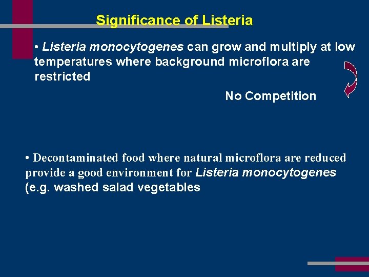 Significance of Listeria • Listeria monocytogenes can grow and multiply at low temperatures where