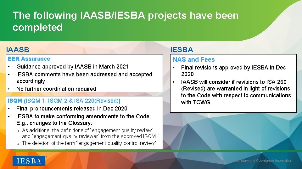 The following IAASB/IESBA projects have been completed IAASB EER Assurance • Guidance approved by