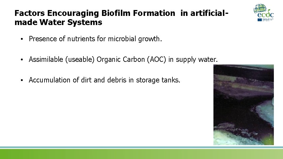 Factors Encouraging Biofilm Formation in artificialmade Water Systems • Presence of nutrients for microbial