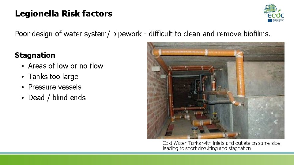 Legionella Risk factors Poor design of water system/ pipework - difficult to clean and