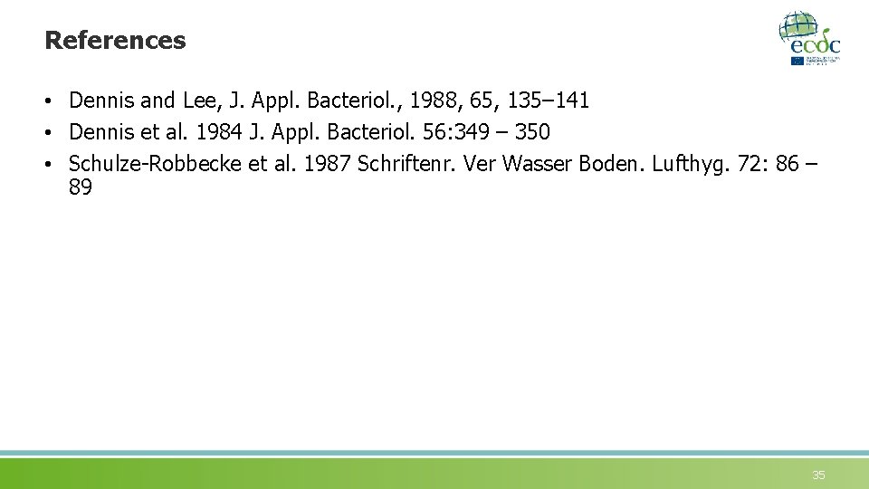References • Dennis and Lee, J. Appl. Bacteriol. , 1988, 65, 135– 141 •