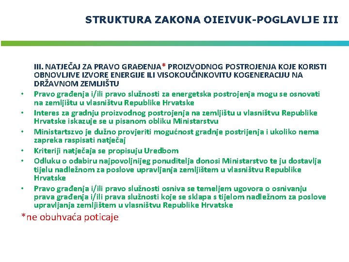 STRUKTURA ZAKONA OIEIVUK-POGLAVLJE III • • • III. NATJEČAJ ZA PRAVO GRAĐENJA* PROIZVODNOG POSTROJENJA