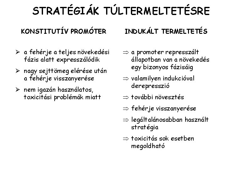 STRATÉGIÁK TÚLTERMELTETÉSRE KONSTITUTÍV PROMÓTER INDUKÁLT TERMELTETÉS Ø a fehérje a teljes növekedési fázis alatt