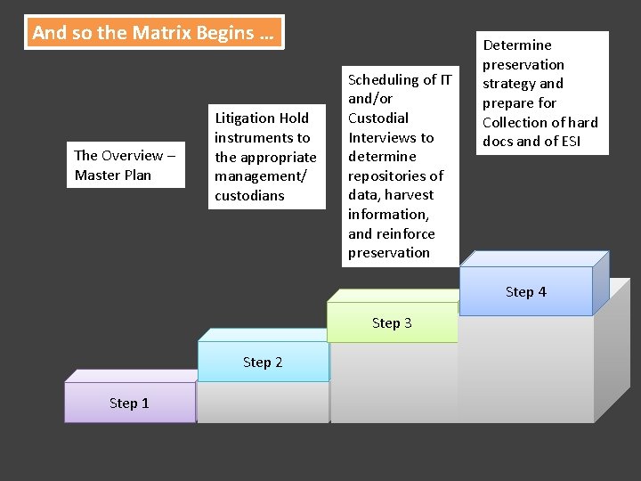 And so the Matrix Begins … The Overview – Master Plan Litigation Hold instruments