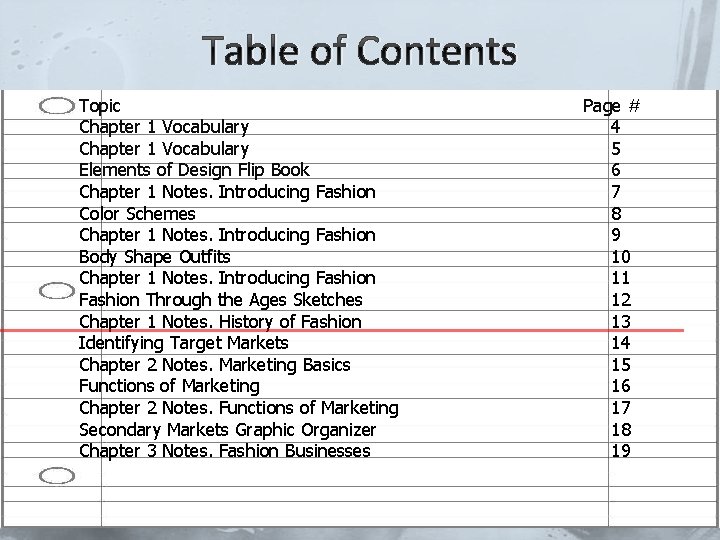 Table of Contents Topic Chapter 1 Vocabulary Elements of Design Flip Book Chapter 1