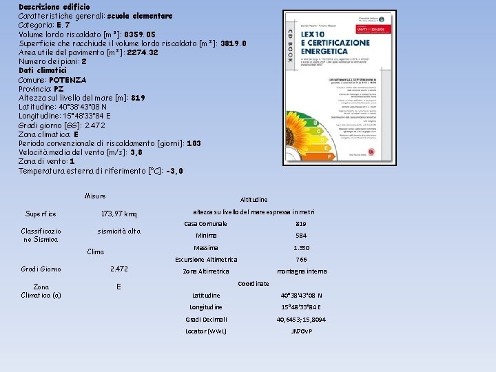 Descrizione edificio Caratteristiche generali: scuola elementare Categoria: E. 7 Volume lordo riscaldato [m³]: 8359.