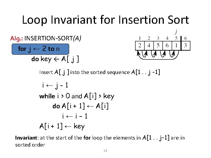 Loop Invariant for Insertion Sort Alg. : INSERTION-SORT(A) for j ← 2 to n