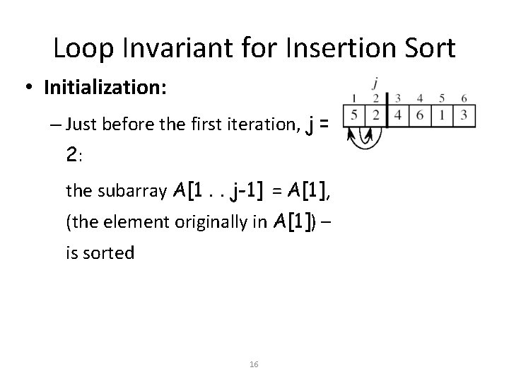 Loop Invariant for Insertion Sort • Initialization: – Just before the first iteration, j