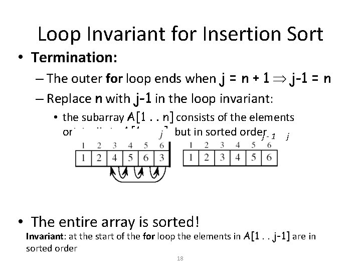 Loop Invariant for Insertion Sort • Termination: – The outer for loop ends when