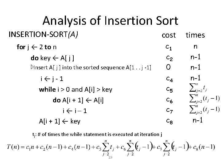 Analysis of Insertion Sort INSERTION-SORT(A) cost times c 1 c 2 0 c 4