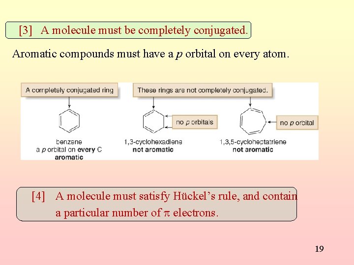 [3] A molecule must be completely conjugated. Aromatic compounds must have a p orbital