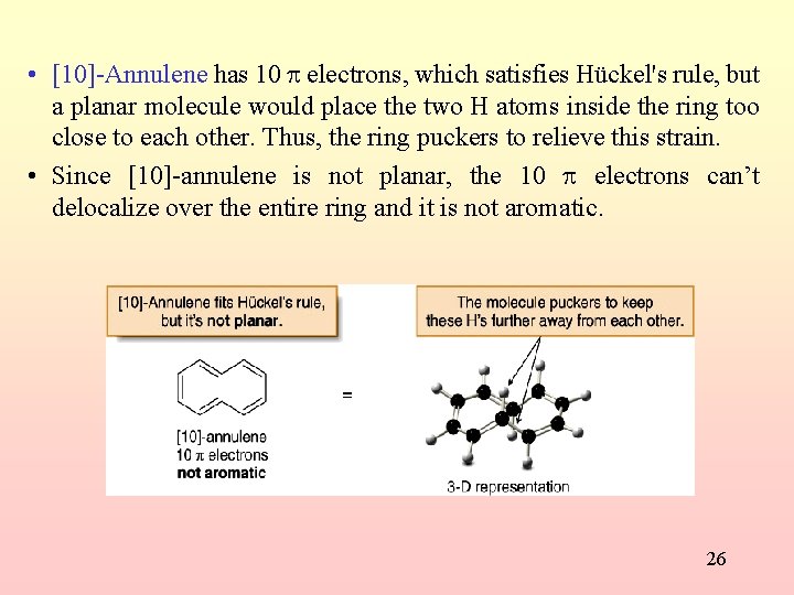  • [10]-Annulene has 10 electrons, which satisfies Hückel's rule, but a planar molecule