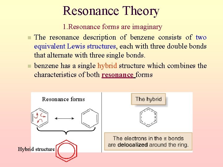 Resonance Theory 1. Resonance forms are imaginary The resonance description of benzene consists of