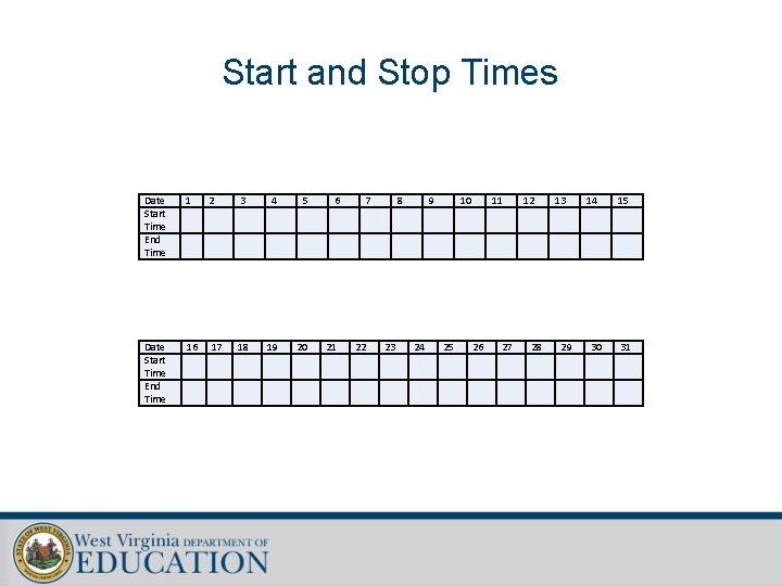 Start and Stop Times Date Start Time End Time 16 2 17 3 4