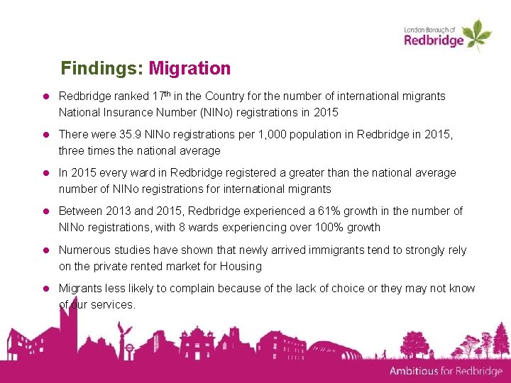 Findings: Migration ● Redbridge ranked 17 th in the Country for the number of
