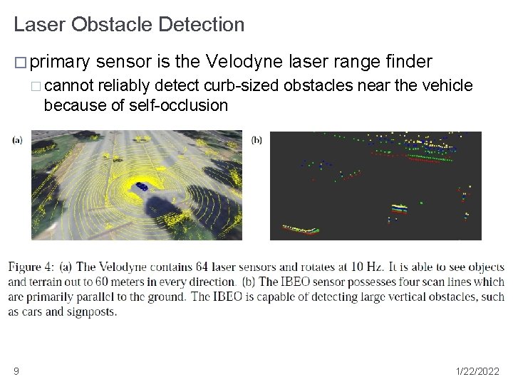 Laser Obstacle Detection � primary sensor is the Velodyne laser range finder � cannot
