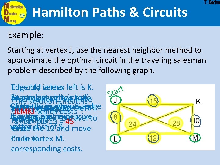 Hamilton Paths & Circuits Example: Starting at vertex J, use the nearest neighbor method