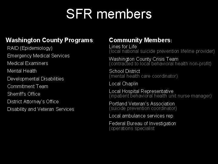 SFR members Washington County Programs: Community Members: RAID (Epidemiology) Lines for Life (local national
