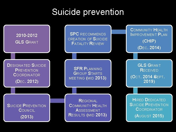 Suicide prevention 2010 -2012 GLS GRANT DESIGNATED SUICIDE PREVENTION COORDINATOR (DEC. 2012) SUICIDE PREVENTION