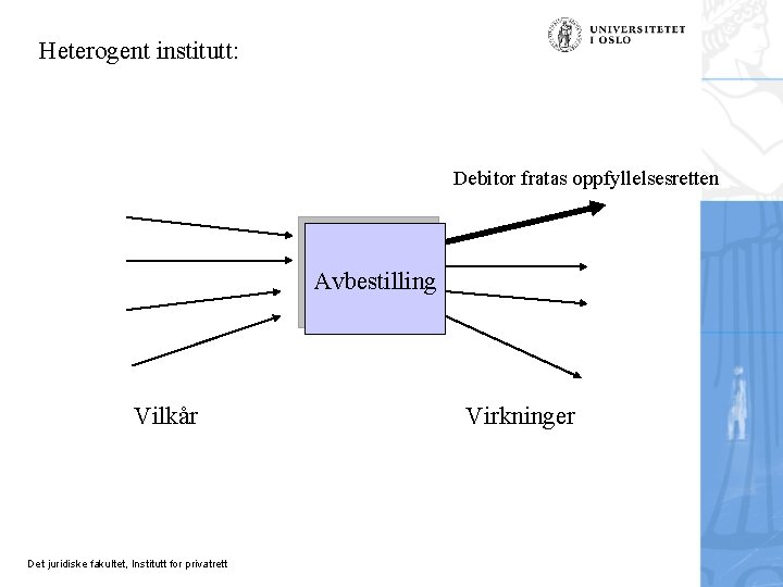 Heterogent institutt: Debitor fratas oppfyllelsesretten Avbestilling Vilkår Det juridiske fakultet, Institutt for privatrett Virkninger