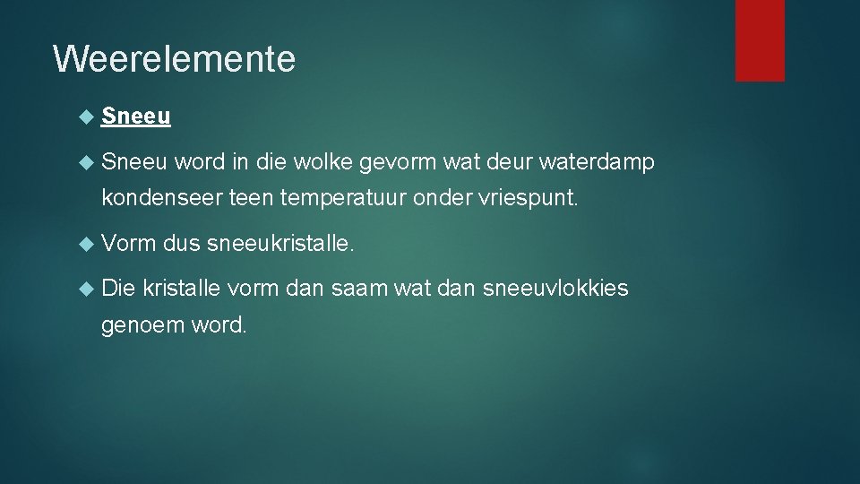 Weerelemente Sneeu word in die wolke gevorm wat deur waterdamp kondenseer teen temperatuur onder