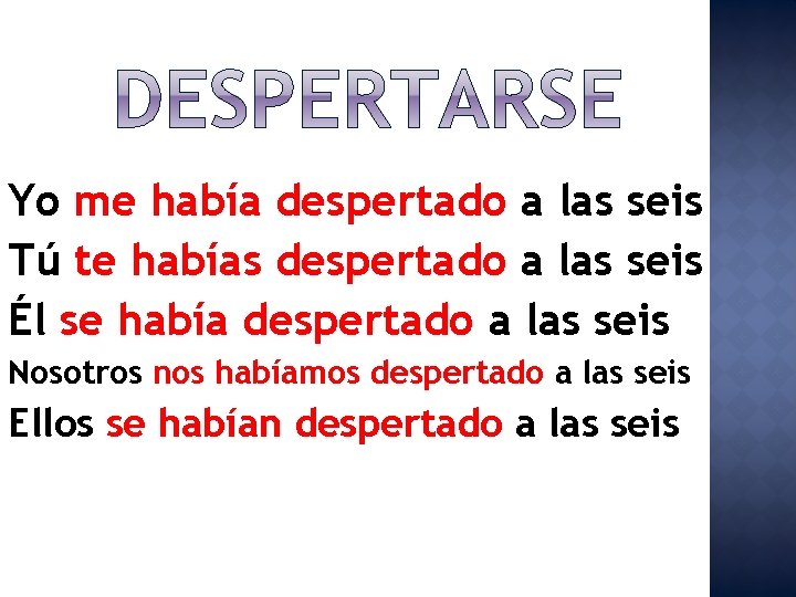 Yo me había despertado a las seis Tú te habías despertado a las seis