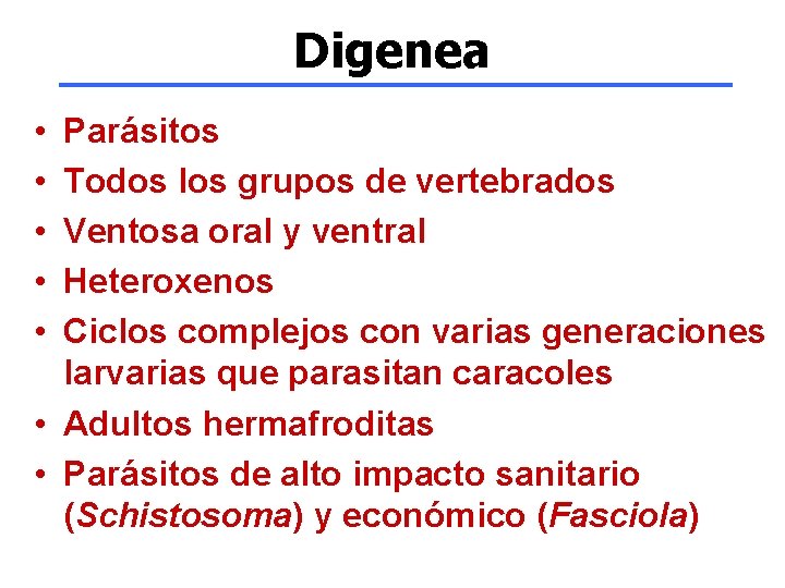 Digenea • • • Parásitos Todos los grupos de vertebrados Ventosa oral y ventral