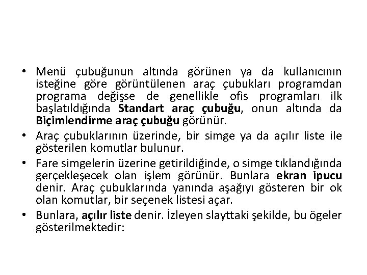  • Menü çubuğunun altında görünen ya da kullanıcının isteğine görüntülenen araç çubukları programdan