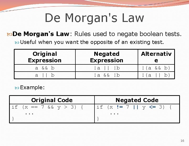 De Morgan's Law: Rules used to negate boolean tests. Useful when you want the De Morgan's Law: Rules used to negate boolean tests. Useful when you want the
