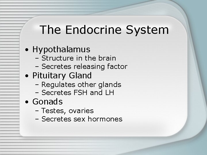 The Endocrine System • Hypothalamus – Structure in the brain – Secretes releasing factor