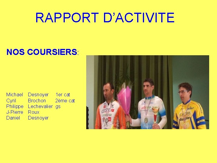 RAPPORT D’ACTIVITE NOS COURSIERS: Michael Cyril Philippe J-Pierre Daniel Desnoyer 1 er cat Brochon