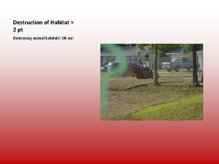 Destruction of Habitat = 2 pt Destroying animal habitats! Oh no! 