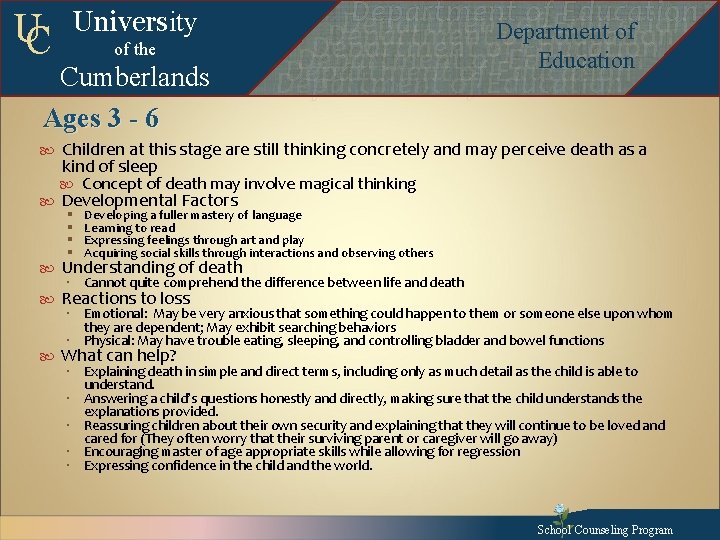 UC University of the Cumberlands Ages 3 - 6 Departmentof of. Education Department of