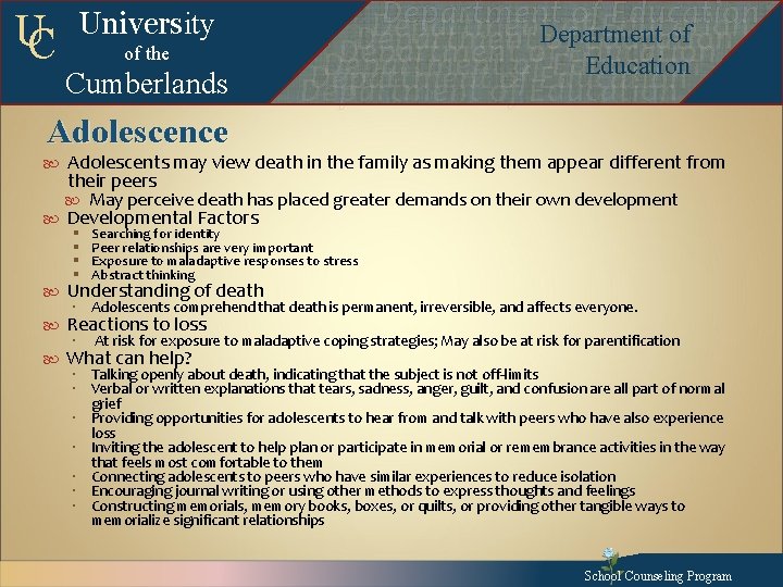 UC University of the Cumberlands Adolescence Departmentof of. Education Department of Education Departmentofof. Education