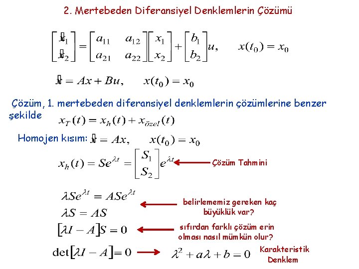 2. Mertebeden Diferansiyel Denklemlerin Çözümü Çözüm, 1. mertebeden diferansiyel denklemlerin çözümlerine benzer şekilde Homojen