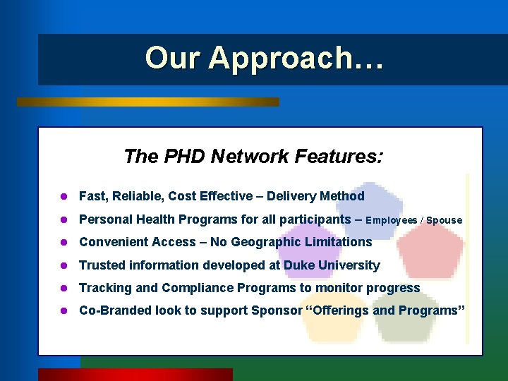 Our Approach… The PHD Network Features: l Fast, Reliable, Cost Effective – Delivery Method