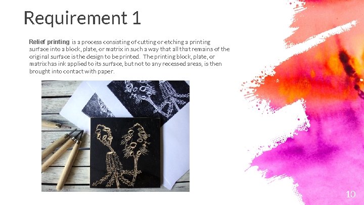 Requirement 1 Relief printing is a process consisting of cutting or etching a printing