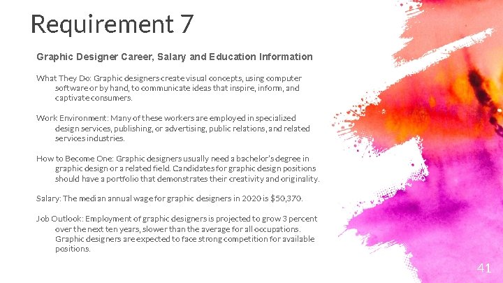Requirement 7 Graphic Designer Career, Salary and Education Information What They Do: Graphic designers