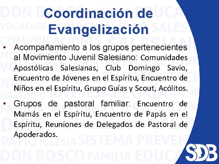 Coordinación de Evangelización • Acompañamiento a los grupos pertenecientes al Movimiento Juvenil Salesiano: Salesiano