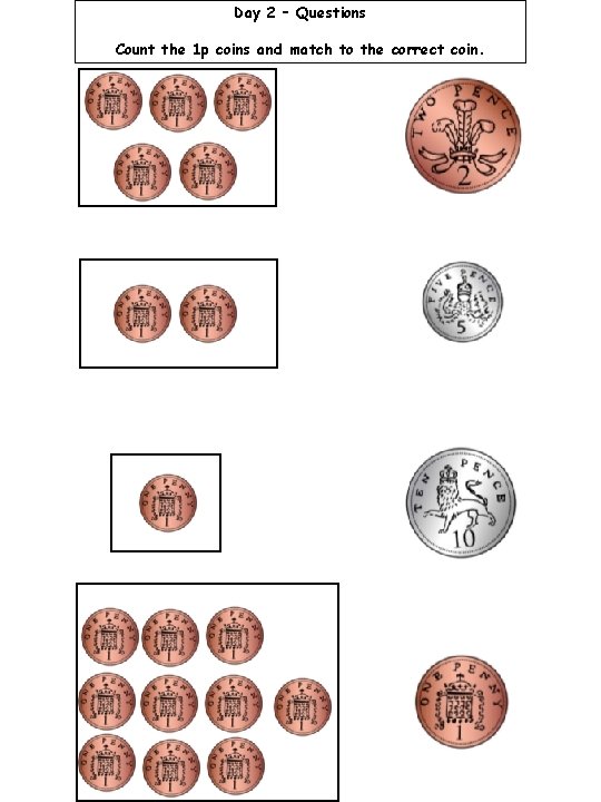 Day 2 – Questions Count the 1 p coins and match to the correct