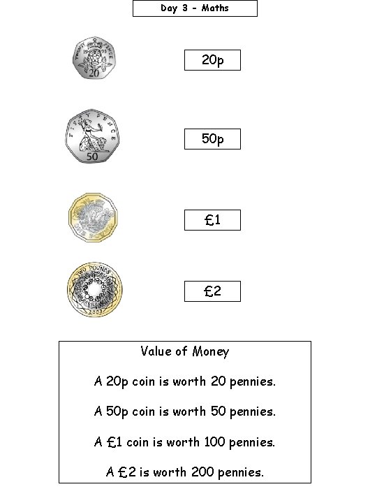 Day 3 - Maths 20 p 50 p £ 1 £ 2 Value of