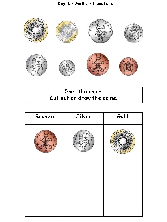 Day 1 – Maths – Questions Sort the coins. Cut or draw the coins.