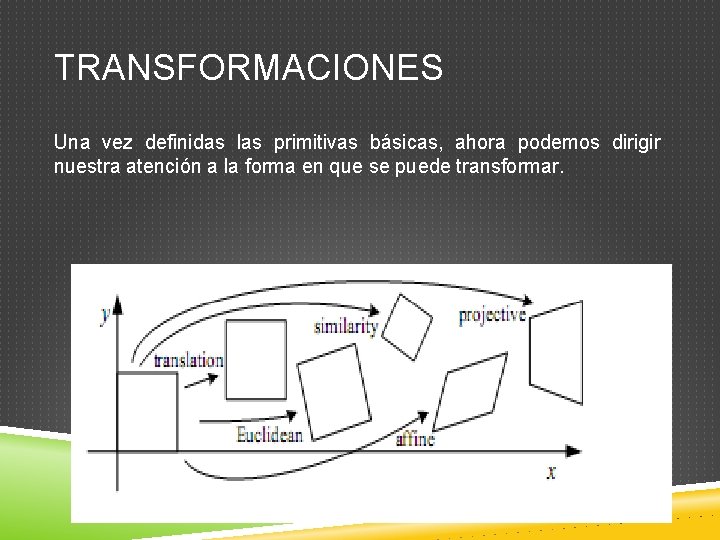 TRANSFORMACIONES Una vez definidas las primitivas básicas, ahora podemos dirigir nuestra atención a la