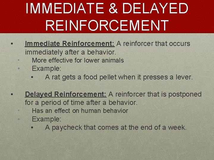 IMMEDIATE & DELAYED REINFORCEMENT • Immediate Reinforcement: A reinforcer that occurs immediately after a