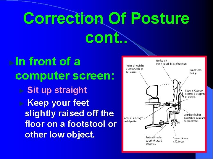 Correction Of Posture cont. . In front of a computer screen: Sit up straight