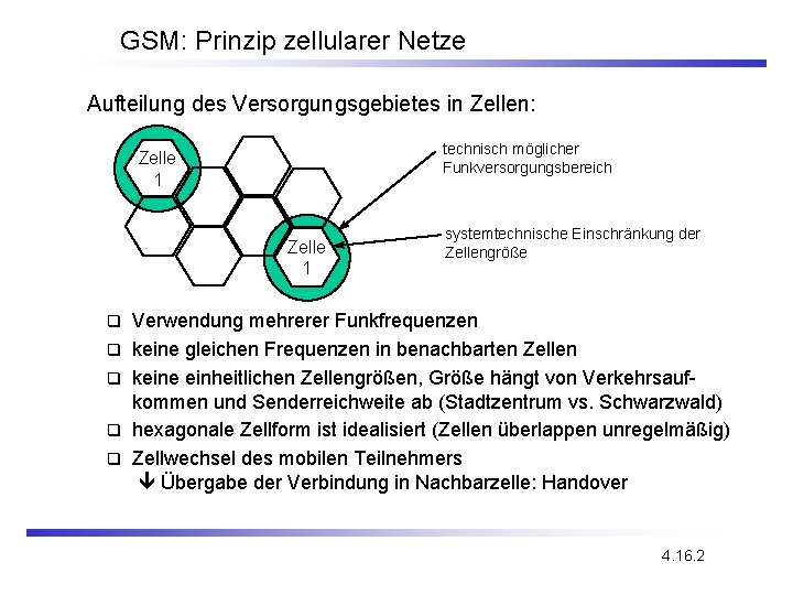 GSM: Prinzip zellularer Netze Aufteilung des Versorgungsgebietes in Zellen: technisch möglicher Funkversorgungsbereich Zelle 1
