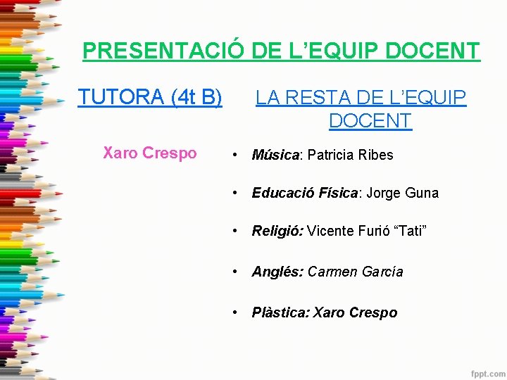 PRESENTACIÓ DE L’EQUIP DOCENT TUTORA (4 t B) Xaro Crespo LA RESTA DE L’EQUIP
