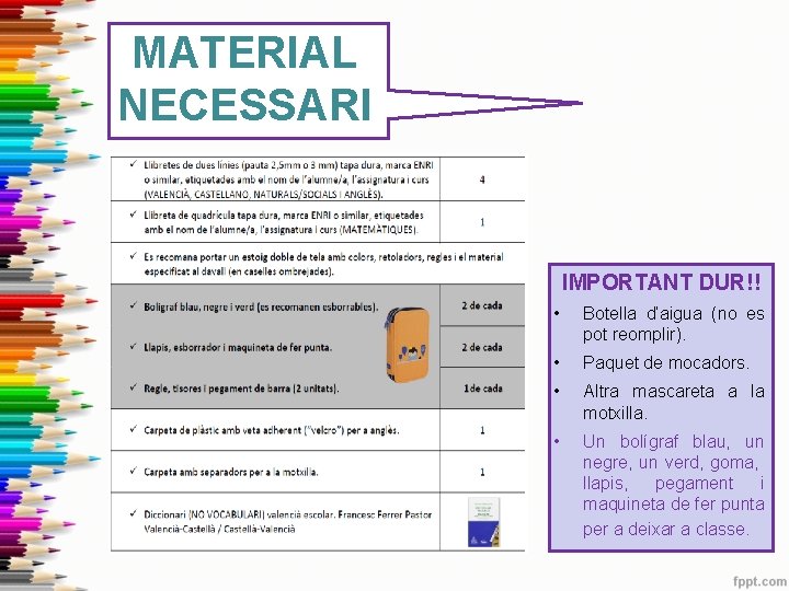 MATERIAL NECESSARI IMPORTANT DUR!! • Botella d’aigua (no es pot reomplir). • Paquet de