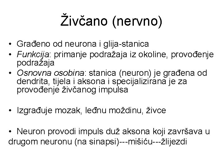 Živčano (nervno) • Građeno od neurona i glija-stanica • Funkcija: primanje podražaja iz okoline,